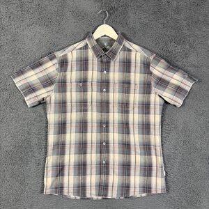 Kuhl Shirt Mens Large Beige Tan Plaid Skorpio Linen Blend Short Sleeve Outdoor